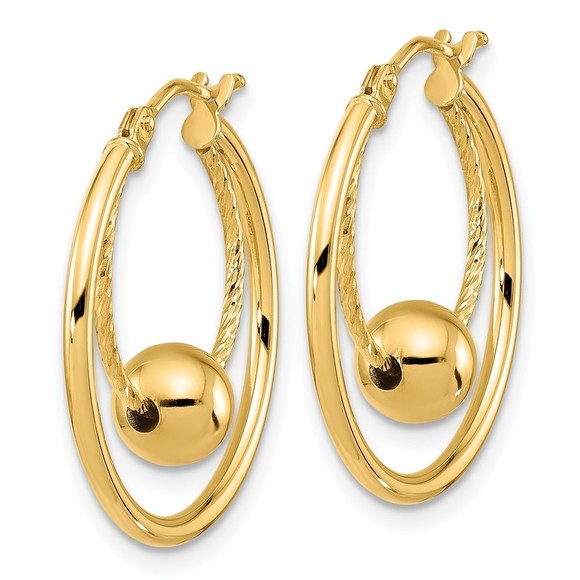 10k Yellow Gold Polished Textured w/ 6mm Ball Hoop Earrings